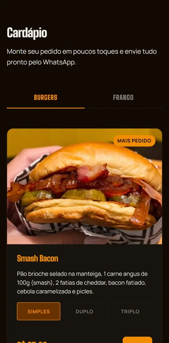 Cardápio da Hamburgueria Palmira no celular, com categorias, foto de um hambúrguer e selo de mais pedido