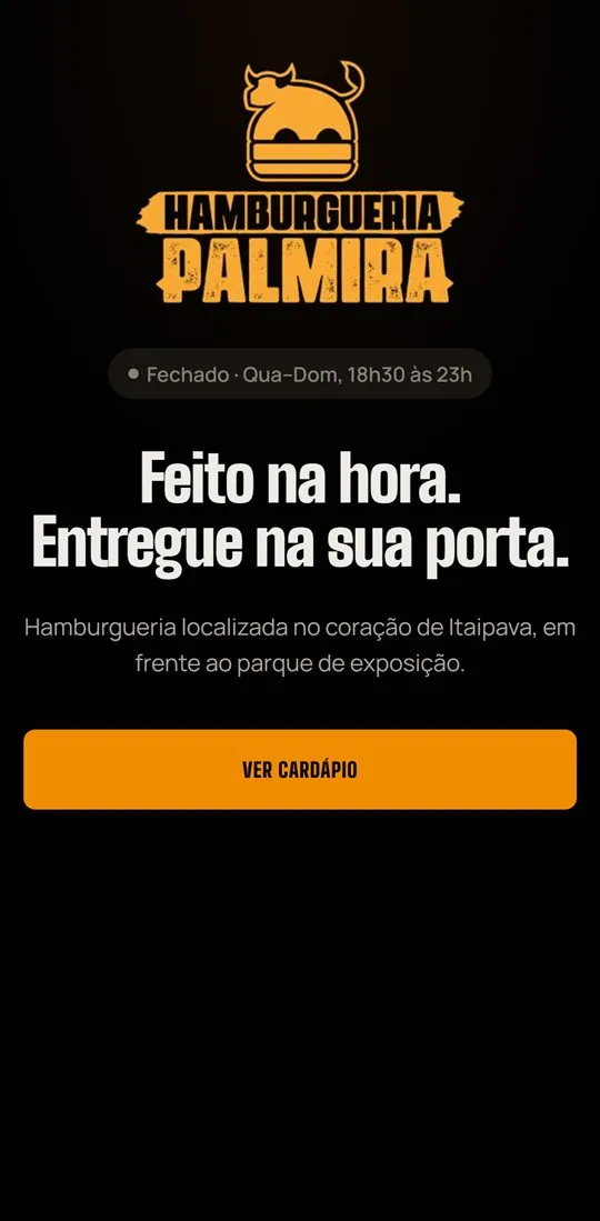 Tela inicial do site da Hamburgueria Palmira no celular, com a frase Feito na hora, entregue na sua porta